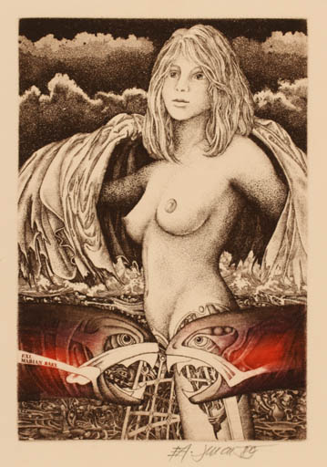 Exlibris by Josef Dudek from Czechoslovakia for Mariam Bakx - Fauna Woman Nude Surrealism 