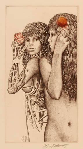 Exlibris by Josef Dudek from Czechoslovakia for ? ? - Flower Woman Nude Surrealism 