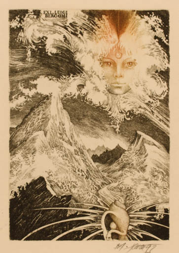 Exlibris by Josef Dudek from Czechoslovakia for Luigi Bergomi - Mountain Scenery/Landscape Portrait Surrealism 