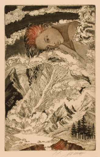 Exlibris by Josef Dudek from Czechoslovakia for Yuzuru Kudo - Mountain Woman Scenery/Landscape Surrealism 