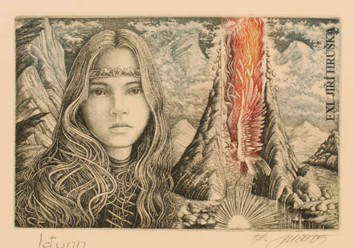 Exlibris by Josef Dudek from Czechoslovakia for Jiri Hruska - Mountain Woman Portrait 