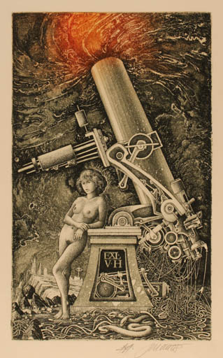 Exlibris by Josef Dudek from Czechoslovakia for H. V. - Cosmos Woman Nude Technology Science 