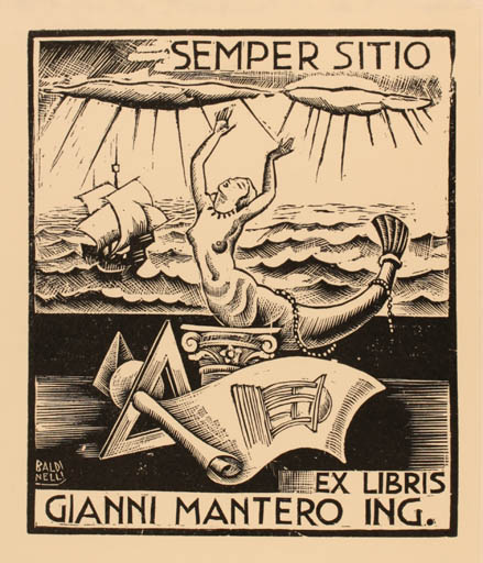 Exlibris by Armando Baldinelli from Italy for Gianni Mantero - Mermaid Ship/Boat 