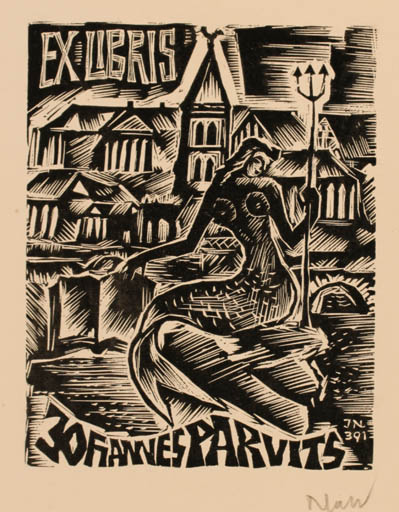 Exlibris by Johann Naha from Germany for Johannes Parvits - Mermaid 
