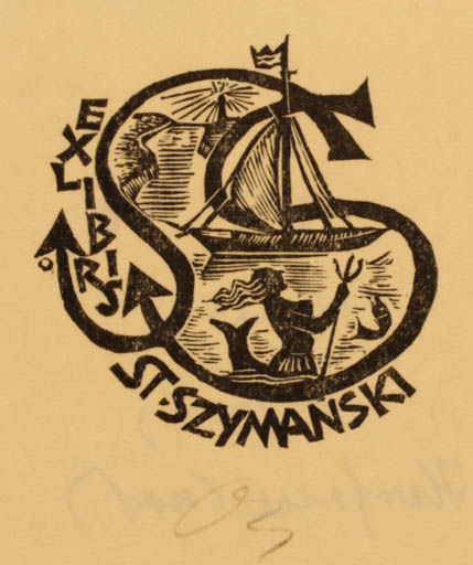 Exlibris by Herbert S. Ott from Germany for Stanislaw Szymanski - Mermaid Ship/Boat 
