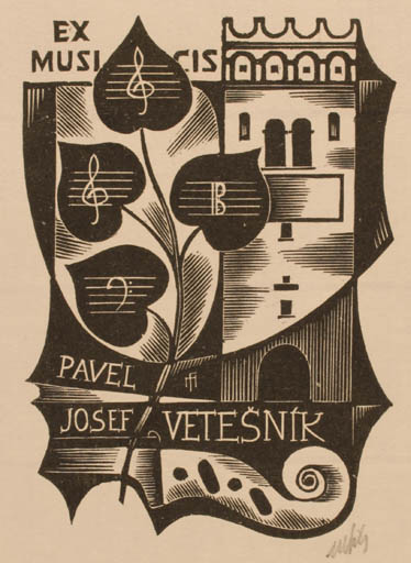 Exlibris by Dr. Otakar Marik from Czechoslovakia for Josef Pavel Vetesnik - Castle/Palace Ex Mucika Music 