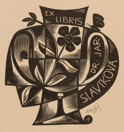 Exlibris by Dr. Otakar Marik from Czechoslovakia for Mudr. Jaroslav Slavikova - Flower Flora Butterfly 