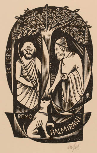 Exlibris by Dr. Otakar Marik from Czechoslovakia for Rosellae Remo Pamirani - Dog Man Tree 