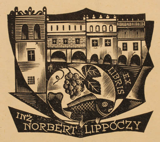 Exlibris by Dr. Otakar Marik from Czechoslovakia for Ing. Nobert Lippóczy - Architecture Fish Wine 