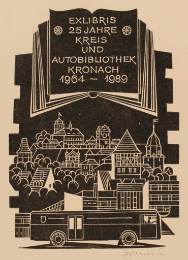 Exlibris by Dusan Janousek from Czechoslovakia for ? Kreis und Autobibliothek Kronach - Car City 