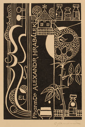 Exlibris by Dusan Janousek from Czechoslovakia for PharmDr. Alexandr Hrabálek - Pharmacy Medicine 