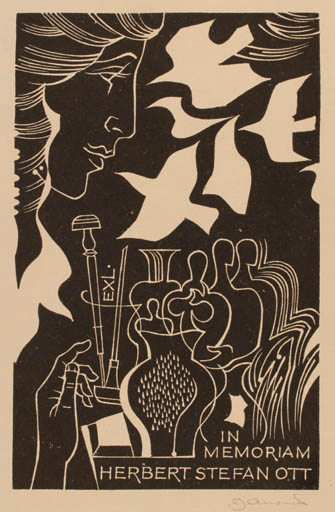 Exlibris by Dusan Janousek from Czechoslovakia for Herbert S. Ott - Bird Woman 