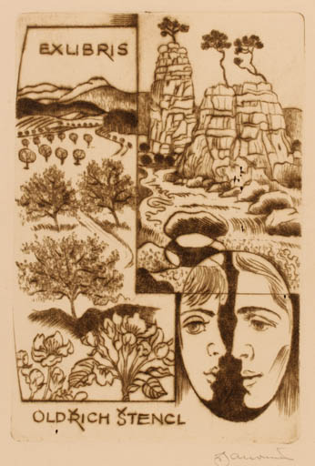 Exlibris by Dusan Janousek from Czechoslovakia for Oldrich Stencl - Scenery/Landscape Portrait 