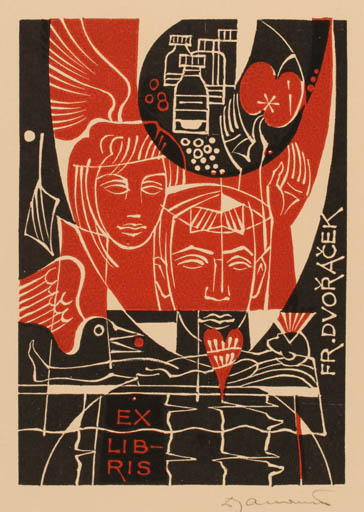Exlibris by Dusan Janousek from Czechoslovakia for Fr. Dvoracek - Fruit Couple Portrait 