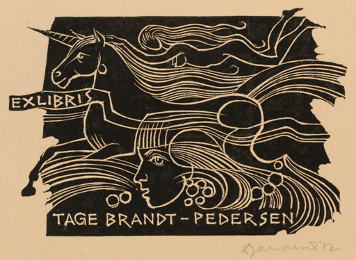 Exlibris by Dusan Janousek from Czechoslovakia for Tage Brandt-Pedersen - Unicorn Woman 