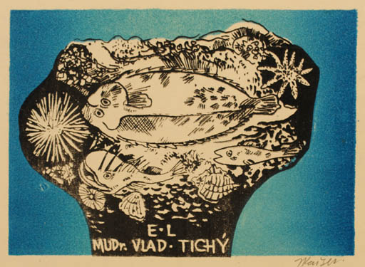 Exlibris by Jaroslav Kaiser from Czechoslovakia for Vladimir Tichy - Fish 