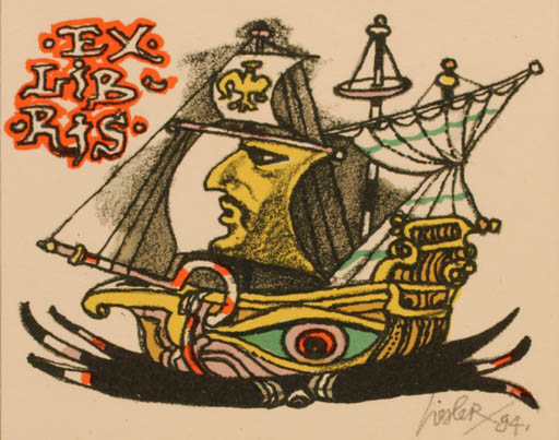 Exlibris by Josef Liesler from Czechoslovakia for ? ? - Maritime Ship/Boat 