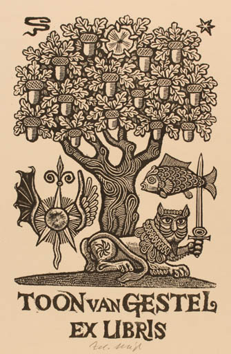 Exlibris by Zdenek Mezl from Czechoslovakia for ? Toon van Gestel - Fauna Fish Tree Weapon 