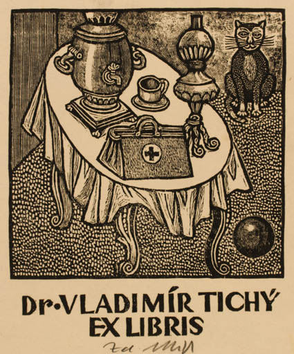 Exlibris by Zdenek Mezl from Czechoslovakia for Vladimir Tichy - Interior Cat Medicine 