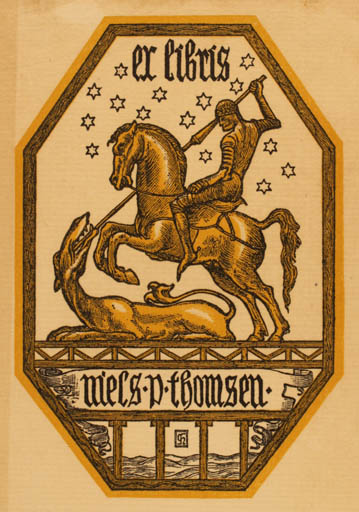 Exlibris by G Hentze from Denmark for Niels L Thomsen - Horseman/Rider Sct.G. and the Dragon 