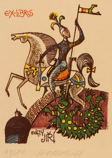 Exlibris by Karel Oberthor from Czech Republic for Svatý Jiri - Horse Knight Horseman/Rider Sct.G. and the Dragon 