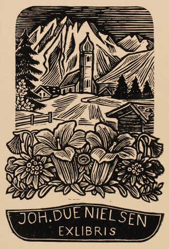 Exlibris by Hermann Huffert from Germany for Johan Due Nielsen - Mountain Flower Flora Church 