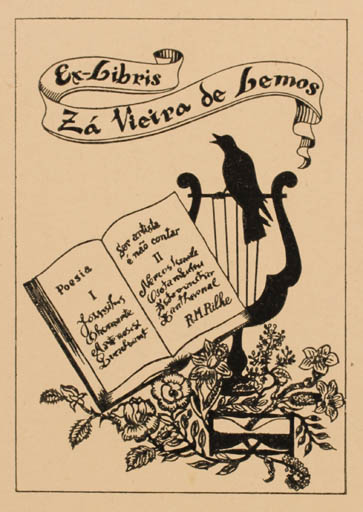 Exlibris by ? ? from Unknown for Antero Viera De Lemos - Book Flora Bird Music 