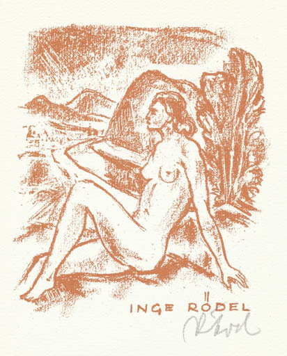 Exlibris by Rudolf Koch from Germany for Inge Rödel - Woman Scenery/Landscape Nude 