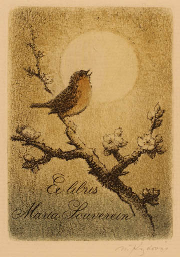 Exlibris by Kazdowa Milada from Czechoslovakia for Maria Souverin - Bird Sun 