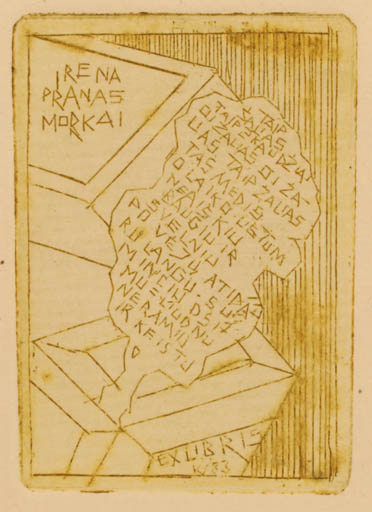Exlibris by Vincas Kisarauskas from Lithuania for Irena Pranas Morkai - Abstract Text/Writing 