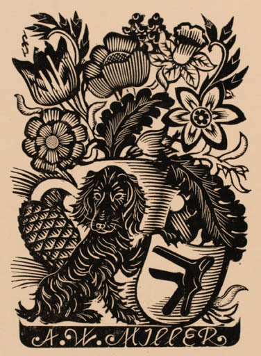 Exlibris by Mark F. Severin from Belgium for A.W. Miller - Flower Flora Dog 