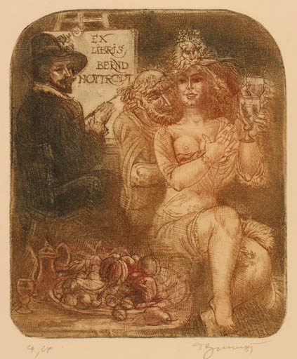 Exlibris by David Bekker from Ukraine for Bernd Nottrodt - Erotica Fruit Art Woman Man Wine 