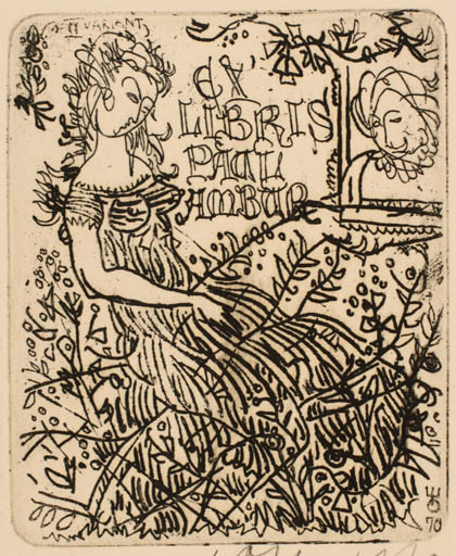 Exlibris by Evald Okas from Estonia for Paul Ambur - Flora Woman 