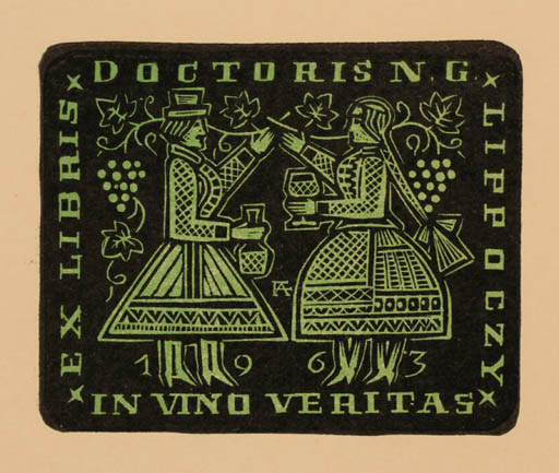 Exlibris by Antal Fery from Hungary for Dr. Nicholas Lippoczy - Fable Animal Couple Wine 