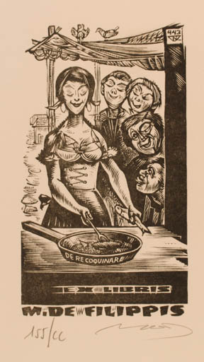 Exlibris by Laszlo Lazar Nagy from Hungary for Mario de Filippis - Group Woman Food 