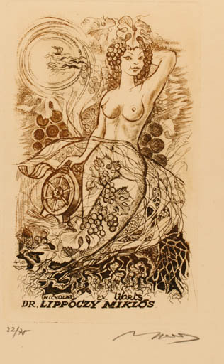 Exlibris by Laszlo Lazar Nagy from Hungary for Dr. Nicholas Lippoczy - Woman Wine 