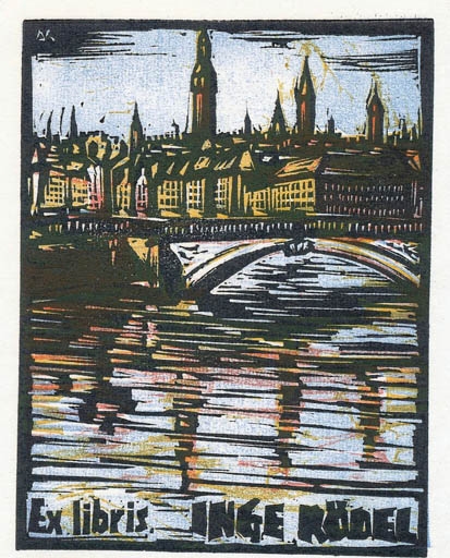 Exlibris by Kàroly Andrusko from Yugoslavia for Inge Rödel - City 