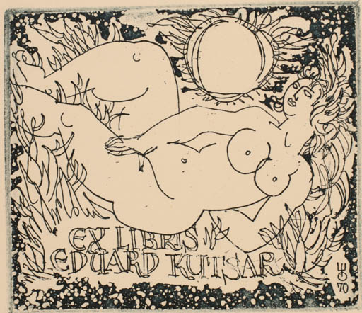 Exlibris by Evald Okas from Estonia for Eduard Kutsar - Woman Nude Sun 