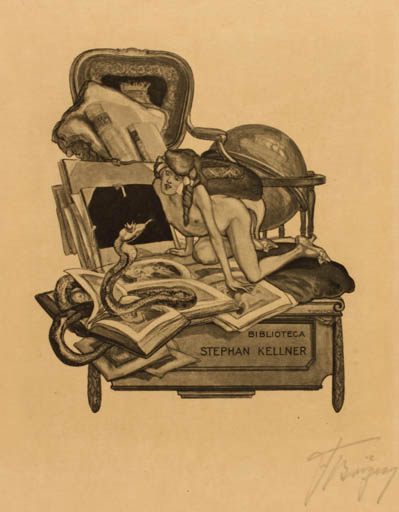Exlibris by Franz von Bayros from Austria for Stephan Kellner - Book Fauna Globe Woman Nude 