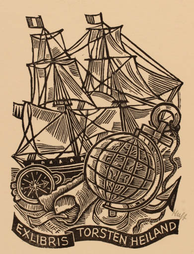 Exlibris by Hermann Huffert from Germany for Torsten Heiland - Globe Maritime Ship/Boat 