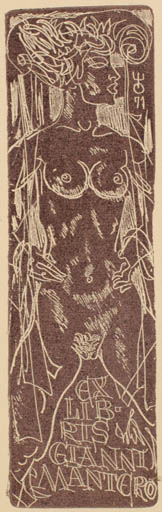 Exlibris by Evald Okas from Estonia for Gianni Mantero - Erotica Woman Nude 
