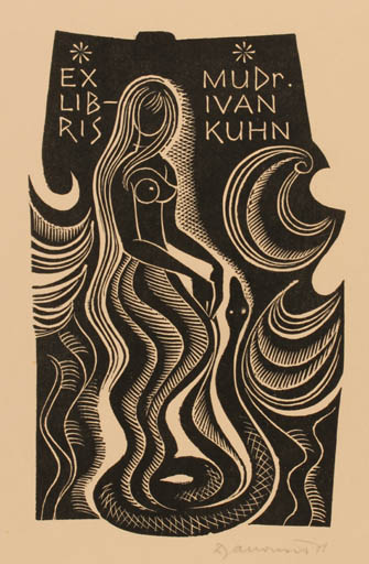 Exlibris by Dusan Janousek from Czechoslovakia for Mudr. Ivan Kuhn - Adam and Eve Woman Nude 
