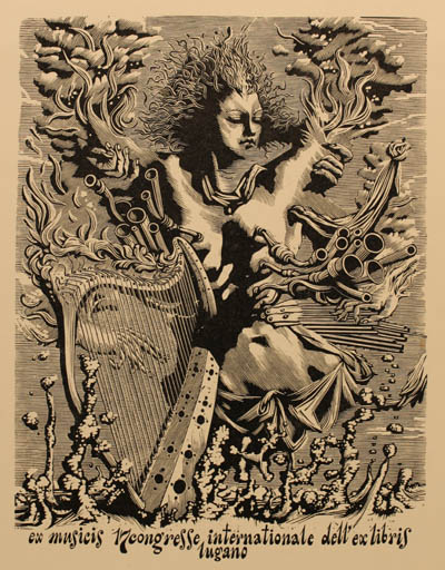 Exlibris by M.M. Vercholantsjew from Russia for Lugano XVII. Int. Exlibriskongress - Ex Mucika Music Surrealism 