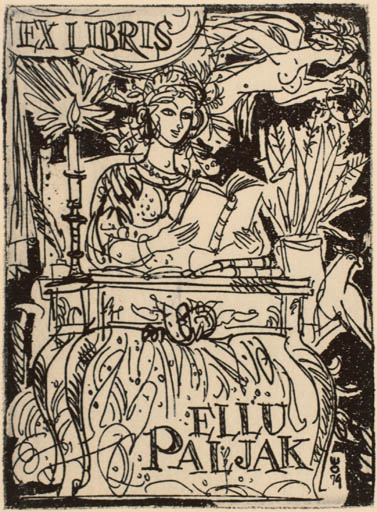 Exlibris by Evald Okas from Estonia for Ellu Paljak - Book Woman 