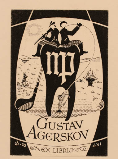 Exlibris by Christian Blæsbjerg from Denmark for Gustav Agerskov - Fish Sport/game 
