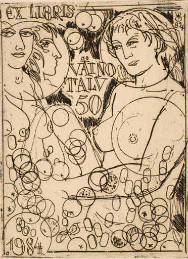 Exlibris by Evald Okas from Estonia for Väino Talv - Flora Woman Nude 