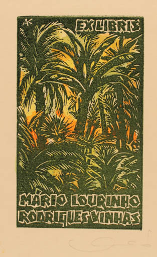 Exlibris by Kàroly Andrusko from Yugoslavia for Mario Rodrigues Vinhas - Palm tree 