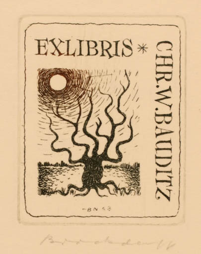 Exlibris by Jörgen Brockdorff-Nielsen from Denmark for Chr. W. Bauditz - Sun Tree 