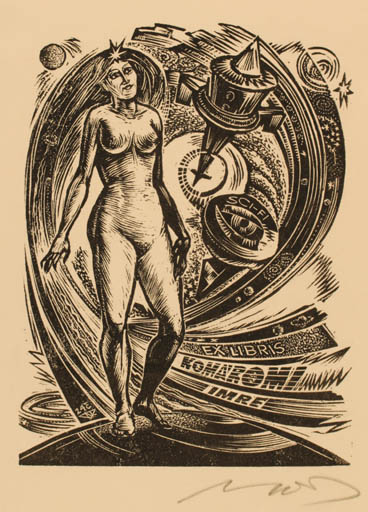 Exlibris by Laszlo Lazar Nagy from Hungary for Komaromi Imre - Cosmos Woman Nude 
