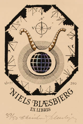 Exlibris by Christian Blæsbjerg from Denmark for Niels Blæsbjerg - Globe Ship/Boat 